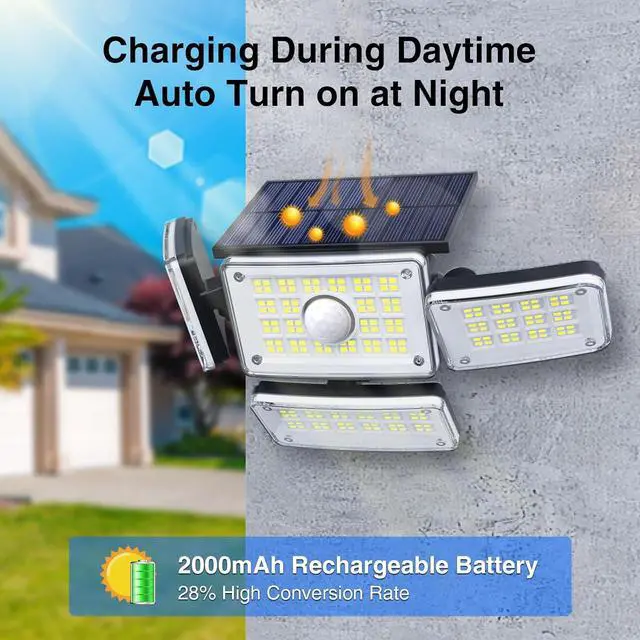 Alt view image 7 of 7 - Outdoor Solar Lights for Outside, 324 LED 3000LM Motion Sensor Outdoor Lights Waterproof IP65, 4 Heads Solar Powered Flood Security Light with Remote Control & 3 Mode for House Yard 4 Pack