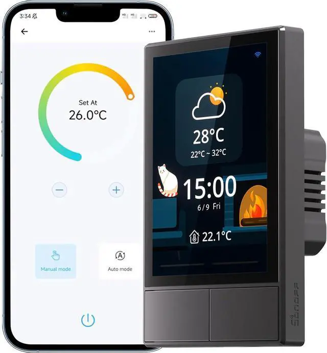 Main image of NSPanel Smart Switch - 2-Switch Panel Home Control With Touchscreen, Temperature Function, Lights Control - Compatible With Alexa and Google Home, Black