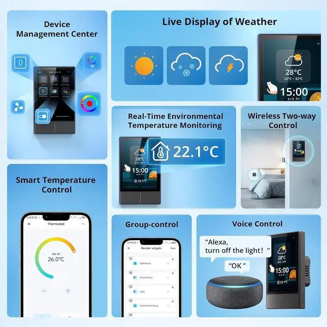 Alt view image 2 of 7 - NSPanel Smart Switch - 2-Switch Panel Home Control With Touchscreen, Temperature Function, Lights Control - Compatible With Alexa and Google Home, Black