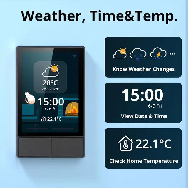 Alt view image 3 of 7 - NSPanel Smart Switch - 2-Switch Panel Home Control With Touchscreen, Temperature Function, Lights Control - Compatible With Alexa and Google Home, Black