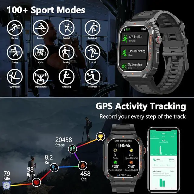 Alt view image 5 of 7 - Smart Watches for Men,Military Smartwatches with GPS and Map Navigation & BT Calls - Fitness Trackers with Heart Rate/SpO2/Sleep Monitor,Elevation,Compass,Outdoor Sport Watch for Android/iOS