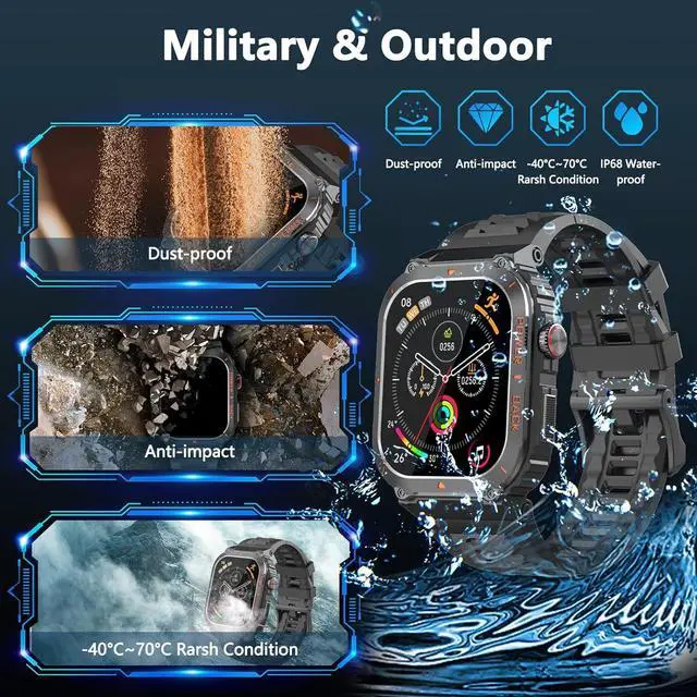 Alt view image 7 of 7 - Smart Watches for Men,Military Smartwatches with GPS and Map Navigation & BT Calls - Fitness Trackers with Heart Rate/SpO2/Sleep Monitor,Elevation,Compass,Outdoor Sport Watch for Android/iOS