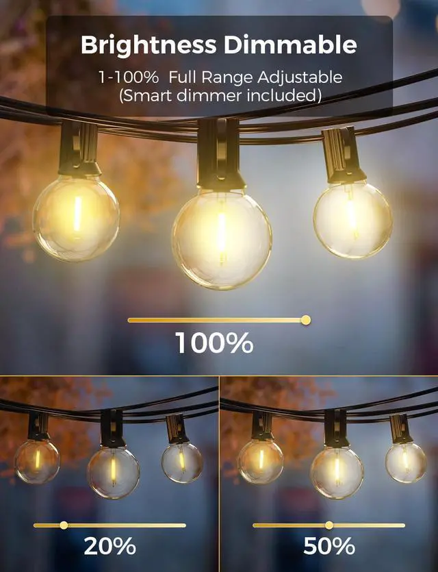 Alt view image 4 of 7 - Outdoor String Lights, Smart Patio Lights 100Ft Dimmable Outdoor Lights Warm White, 50 G40 LED Bulbs, Wi String Lights for Outside, Work with Alexa, APP Control, Waterproof Extendable