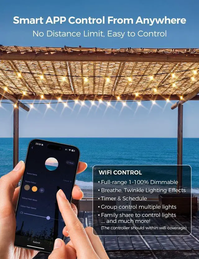 Alt view image 2 of 7 - Outdoor String Lights, Smart Patio Lights 100Ft Dimmable Outdoor Lights Warm White, 50 G40 LED Bulbs, Wi String Lights for Outside, Work with Alexa, APP Control, Waterproof Extendable