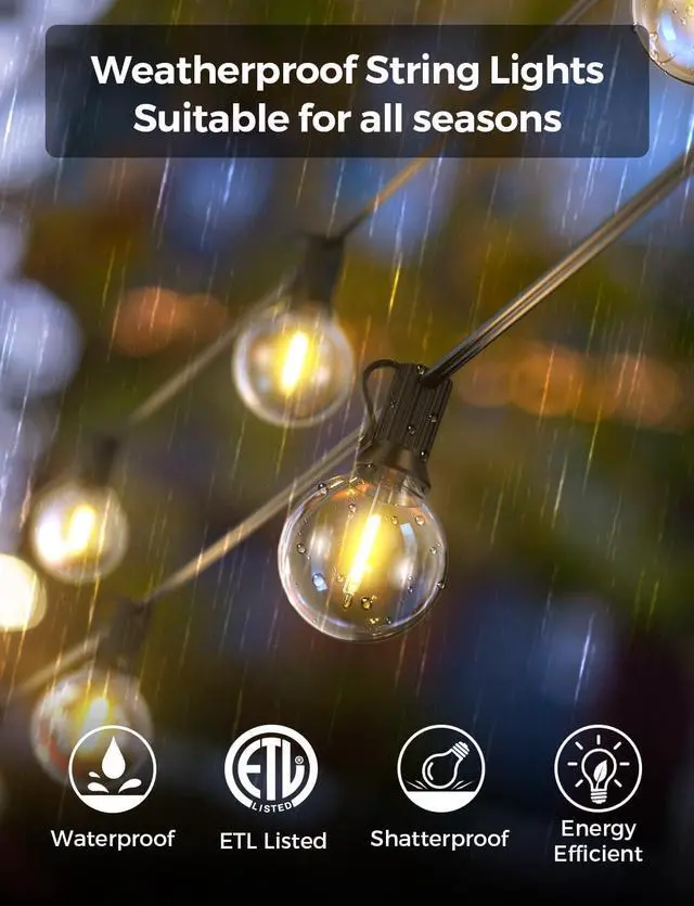 Alt view image 5 of 7 - Outdoor String Lights, Smart Patio Lights 100Ft Dimmable Outdoor Lights Warm White, 50 G40 LED Bulbs, Wi String Lights for Outside, Work with Alexa, APP Control, Waterproof Extendable