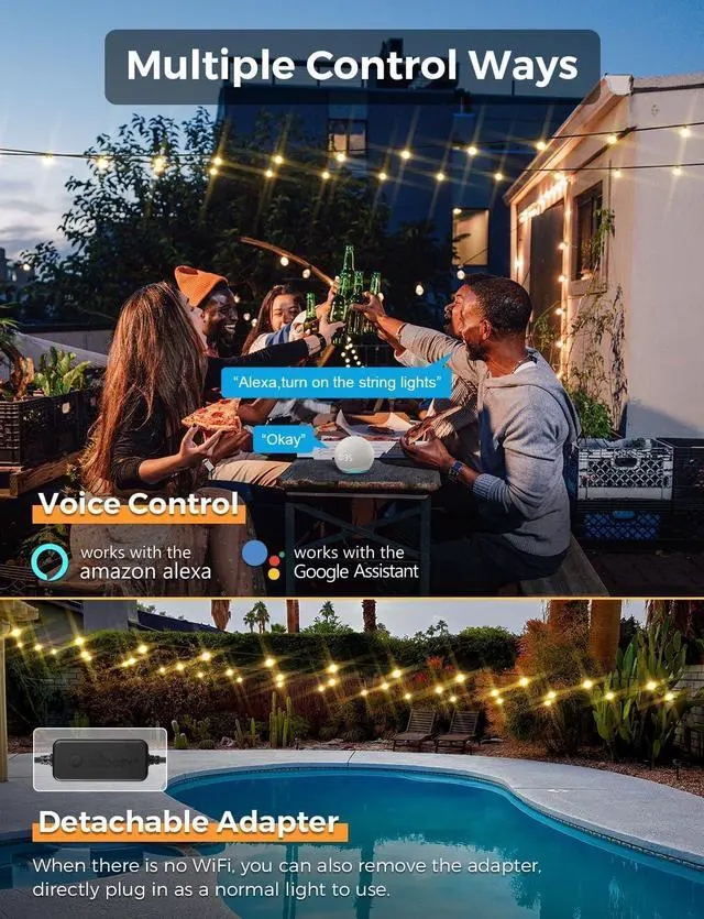 Alt view image 3 of 7 - Outdoor String Lights, Smart Patio Lights 100Ft Dimmable Outdoor Lights Warm White, 50 G40 LED Bulbs, Wi String Lights for Outside, Work with Alexa, APP Control, Waterproof Extendable