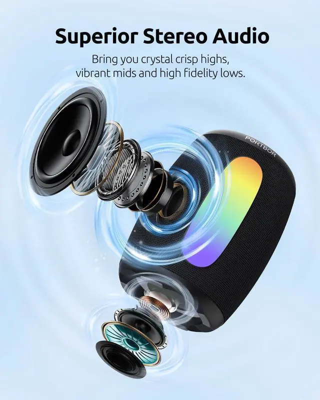 Alt view image 2 of 7 - Portable Bluetooth Speaker, Powerful Stereo Sound Small Wireless Speaker with Lights, IPX5 Waterproof, BT5.3 with AUX Input, TWS Pairing, for Outdoor Home Party Camping, Electronics Gifts for Him Her