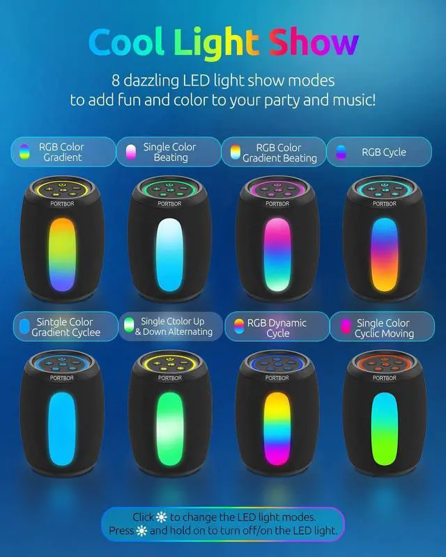 Alt view image 4 of 7 - Portable Bluetooth Speaker Wireless, Powerful Loud Sound Small Speaker with Lights, IPX5 Waterproof, BT5.3 with AUX Input Port, TWS Pairing, for Outdoor Home Party Beach Shower, Electronics Gifts