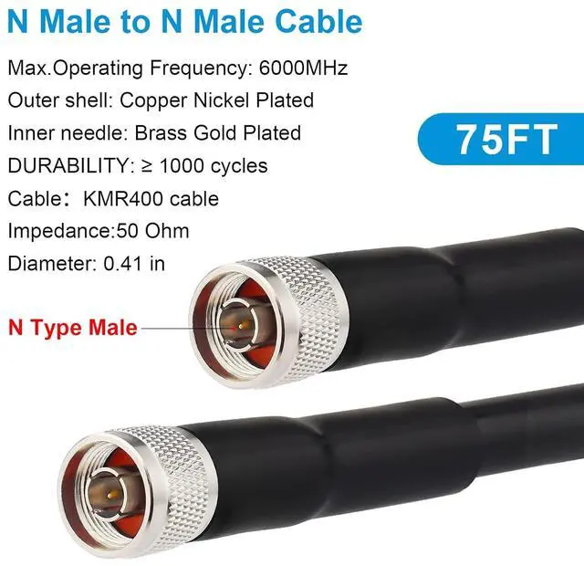 Alt view image 2 of 7 - RF N Male to N Male Cable 75FT, 50 Ohm Low Loss Cable KMR400 Coax Extension Cable for 3G/4G/5G/LTE/GPS/WiFi/RF/Ham/Radio to Antenna or Phone Signal Booster Use