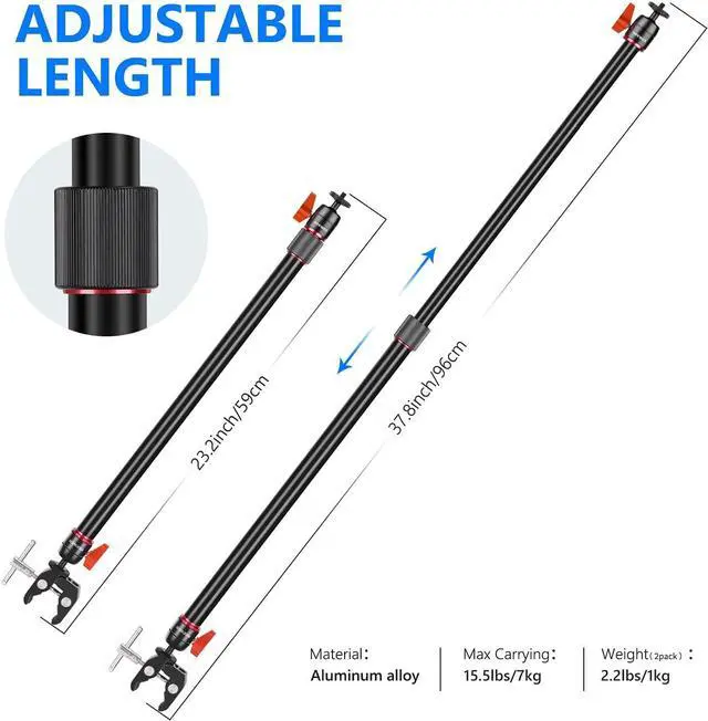 Alt view image 5 of 7 - Camera Slider Support Arm Stabilizer, 2-Pack Adjustable Tripod Stability Arm for Increasing Stability in Aluminum Alloy, Extendable Poles for Camera Video Slider Rail with C Clamps and BallHead