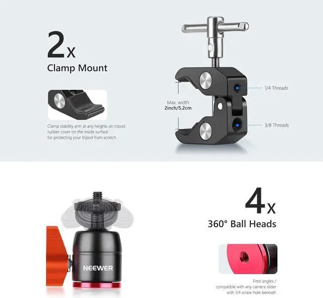 Alt view image 6 of 7 - Camera Slider Support Arm Stabilizer, 2-Pack Adjustable Tripod Stability Arm for Increasing Stability in Aluminum Alloy, Extendable Poles for Camera Video Slider Rail with C Clamps and BallHead