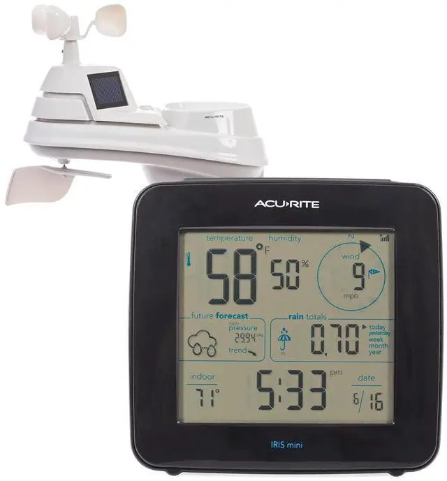 Main image of Iris® Weather Station with Mini Wireless Display for Temperature, Humidity, Wind Speed, Wind Direction, Historic Rainfall Totals, and Hyperlocal Forecast with Built-in Barometer (01122M)