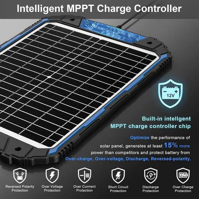 Alt view image 2 of 6 - 20W 12V Solar Battery Trickle Charger & Maintainer PRO, Built-in ligent MPPT Controller, Waterproof 12 Volt 20 Watt Solar Panel Charging Kits for Car Marine RV Trailer Boat Automotive