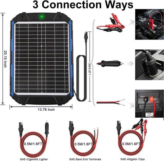 Alt view image 5 of 6 - 20W 12V Solar Battery Trickle Charger & Maintainer PRO, Built-in ligent MPPT Controller, Waterproof 12 Volt 20 Watt Solar Panel Charging Kits for Car Marine RV Trailer Boat Automotive