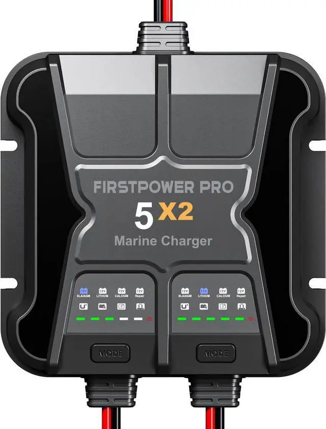 Main image of 2 Bank Marine Battery Charger 5X2, 10A (5A/Bank) - 12V Waterproof Onboard Battery Charger, Battery Maintainer & Desulfator for SLA/AGM, Lithium (LiFePO4), Calcium & Deep-Cycle Battery- Charged 24/7