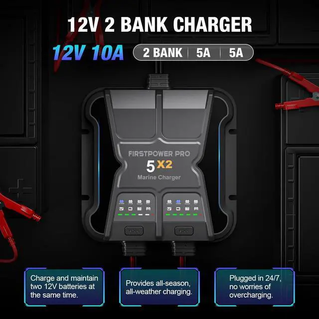 Alt view image 2 of 7 - 2 Bank Marine Battery Charger 5X2, 10A (5A/Bank) - 12V Waterproof Onboard Battery Charger, Battery Maintainer & Desulfator for SLA/AGM, Lithium (LiFePO4), Calcium & Deep-Cycle Battery- Charged 24/7