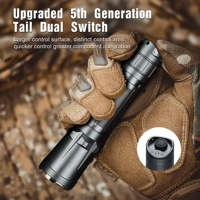 Alt view image 3 of 7 - XT11GT Pro 3300 Lumens USB C Rechargeable Tactical Flashlight, 1345 Feet Beam Distance, Instant Reaction Dual Tail Switches, Tactical + Outdoor Settings, with 4000mAh Battery, Holster