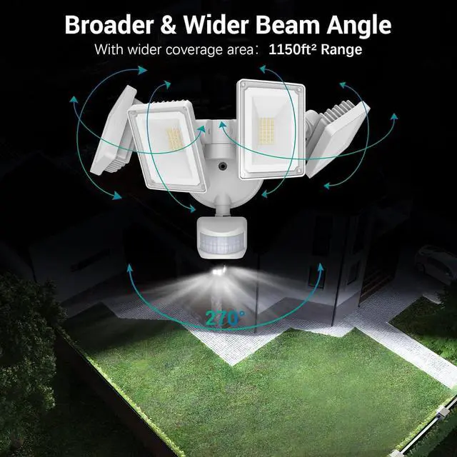 Alt view image 3 of 7 - 100W 10000LM LED Security Lights Motion Sensor Outdoor, Remote Control 4 Heads LED Flood Light Outdoor, 5000K Daylight, IP65 Waterproof, Bright Motion Detected Light Outside Yard-2 Pack