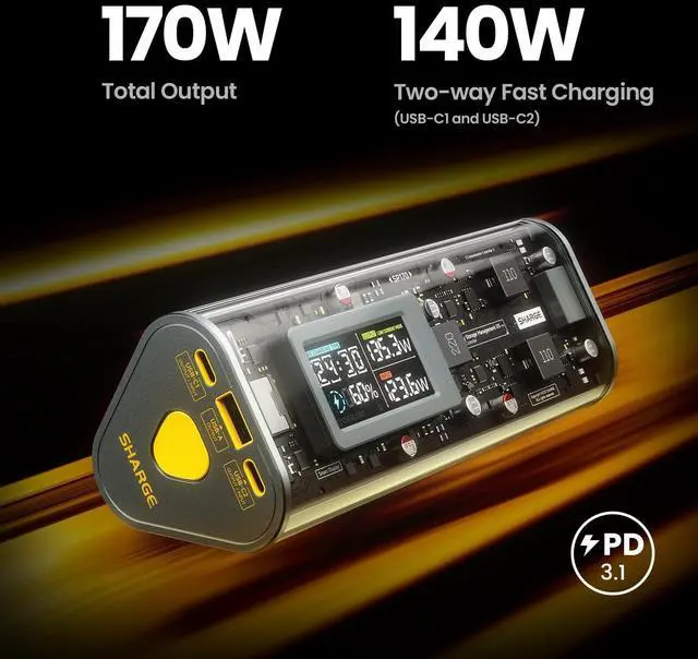 Alt view image 2 of 7 - 170 Power Bank, 140W PD3.1 Portable Charger 24,000mAh/ 84.6Wh with Smart Display, 170W Total Output Battery Pack for MacBook Pro iPhone 16/15/14 Series