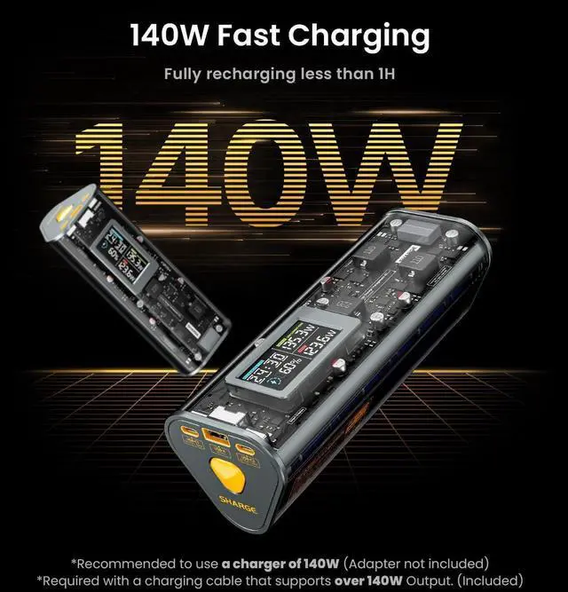 Alt view image 6 of 7 - 170 Power Bank, 140W PD3.1 Portable Charger 24,000mAh/ 84.6Wh with Smart Display, 170W Total Output Battery Pack for MacBook Pro iPhone 16/15/14 Series