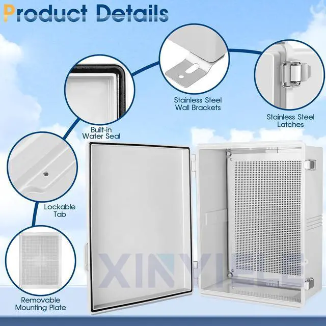 Alt view image 3 of 7 - Waterproof Outdoor Project ABS Plastic Junction Box IP67 Weatherproof Dustproof Enclosure with Hinged Cover, Mounting Plate,Wall Brackets for Power Project (Grey,19.7"x15.7"x7.9")