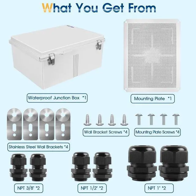 Alt view image 7 of 7 - Waterproof Outdoor Project ABS Plastic Junction Box IP67 Weatherproof Dustproof Enclosure with Hinged Cover, Mounting Plate,Wall Brackets for Power Project (Grey,19.7"x15.7"x7.9")