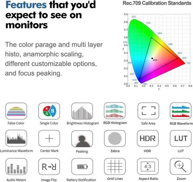 Alt view image 4 of 7 - P5II Camera Field Monitor, 5.5 inch 800nits High Brightness 4K HDMI 1920x1080 IPS Field Monitor with 3D LUT Waveform Vectorscope False Color for DSLR