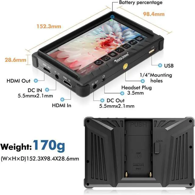 Alt view image 5 of 7 - P5II Camera Field Monitor, 5.5 inch 800nits High Brightness 4K HDMI 1920x1080 IPS Field Monitor with 3D LUT Waveform Vectorscope False Color for DSLR