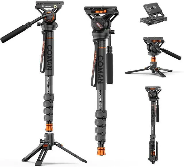 Main image of Professional Camera Monopod with Feet, 73.2 inch Aluminum Portable Travel Video Monopod with Removable Tripod Stand Base, Max Load 22 Lbs, New Q6 Fluid Head for  RS4 Manfrotto