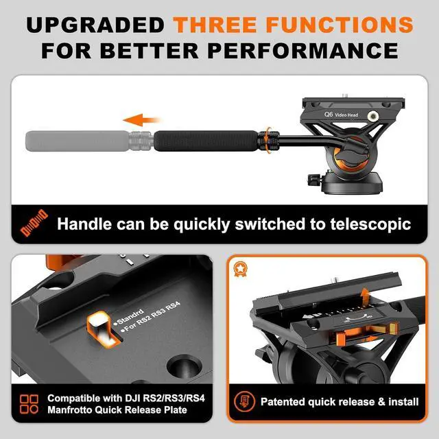 Alt view image 2 of 7 - Professional Camera Monopod with Feet, 73.2 inch Aluminum Portable Travel Video Monopod with Removable Tripod Stand Base, Max Load 22 Lbs, New Q6 Fluid Head for  RS4 Manfrotto