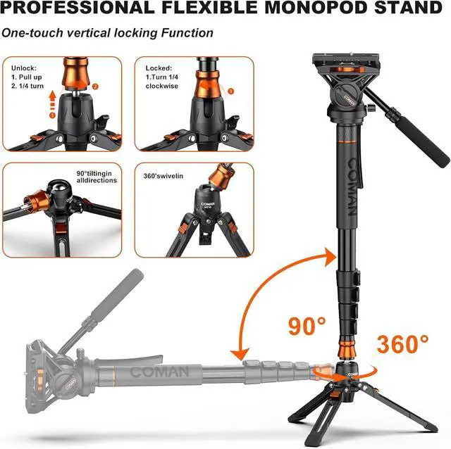 Alt view image 4 of 7 - Professional Camera Monopod with Feet, 73.2 inch Aluminum Portable Travel Video Monopod with Removable Tripod Stand Base, Max Load 22 Lbs, New Q6 Fluid Head for  RS4 Manfrotto