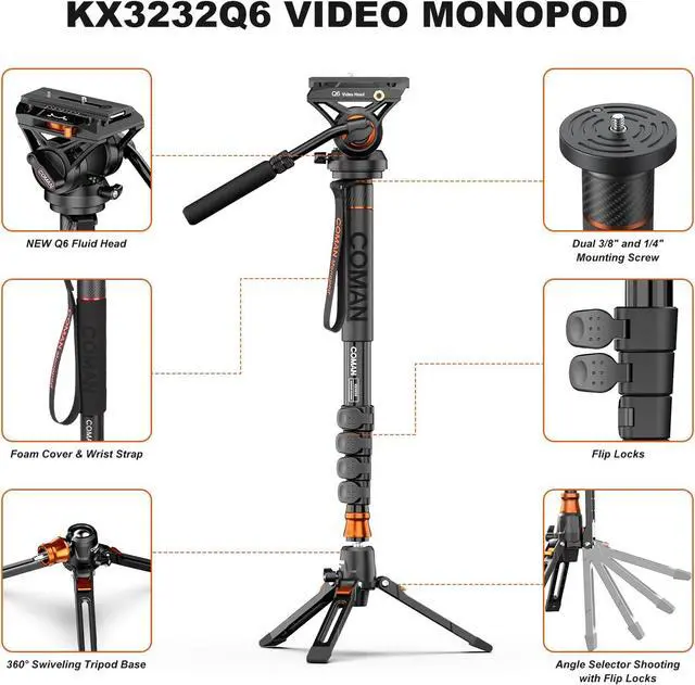 Alt view image 5 of 7 - Professional Camera Monopod with Feet, 73.2 inch Aluminum Portable Travel Video Monopod with Removable Tripod Stand Base, Max Load 22 Lbs, New Q6 Fluid Head for  RS4 Manfrotto