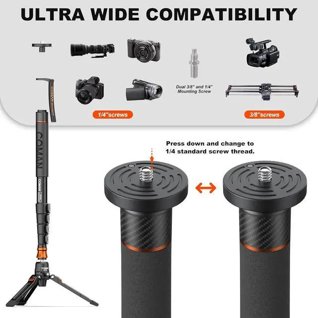 Alt view image 6 of 7 - Professional Camera Monopod with Feet, 73.2 inch Aluminum Portable Travel Video Monopod with Removable Tripod Stand Base, Max Load 22 Lbs, New Q6 Fluid Head for  RS4 Manfrotto
