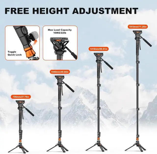 Alt view image 7 of 7 - Professional Camera Monopod with Feet, 73.2 inch Aluminum Portable Travel Video Monopod with Removable Tripod Stand Base, Max Load 22 Lbs, New Q6 Fluid Head for  RS4 Manfrotto