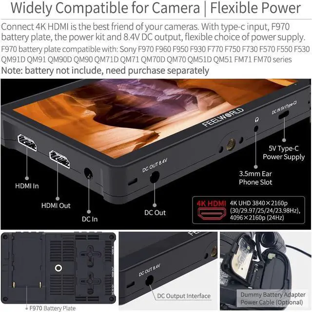 Alt view image 6 of 7 - F5 Pro V4 6 Inch Touch Screen DSLR Camera Field Monitor with 3D LUT F970 External Kit Install for Power Wireless Transmission IPS FHD1920x1080 4K HDMI Input Output 5V Type-c Input Tilt Arm