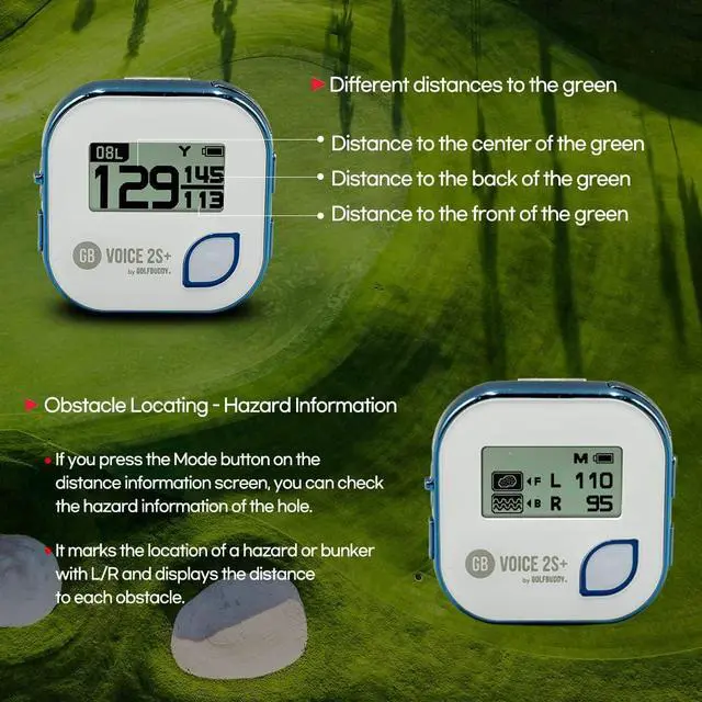Alt view image 3 of 7 - Voice 2S+ Talking GPS Rangefinder, Clip on Hat Golf Navigation, Slope Mode on/Off, 18 Hours Battery Life, Shot Distance Measurement, Preloaded with 40,000 Courses Worldwide (Blue)