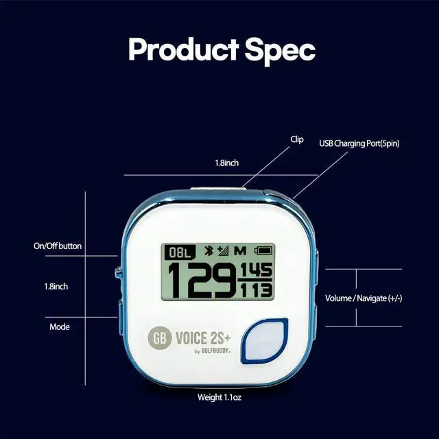 Alt view image 7 of 7 - Voice 2S+ Talking GPS Rangefinder, Clip on Hat Golf Navigation, Slope Mode on/Off, 18 Hours Battery Life, Shot Distance Measurement, Preloaded with 40,000 Courses Worldwide (Blue)