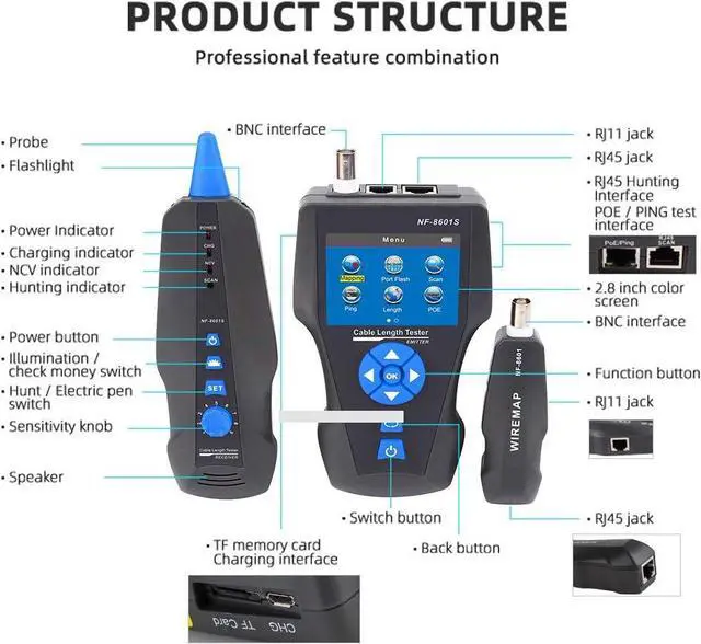 Alt view image 2 of 5 - Network Cable Tester,AT278 TDR Multi-functional LCD Tracker For RJ45, RJ11, BNC, Metal Cable,PING/POE NF-8601S