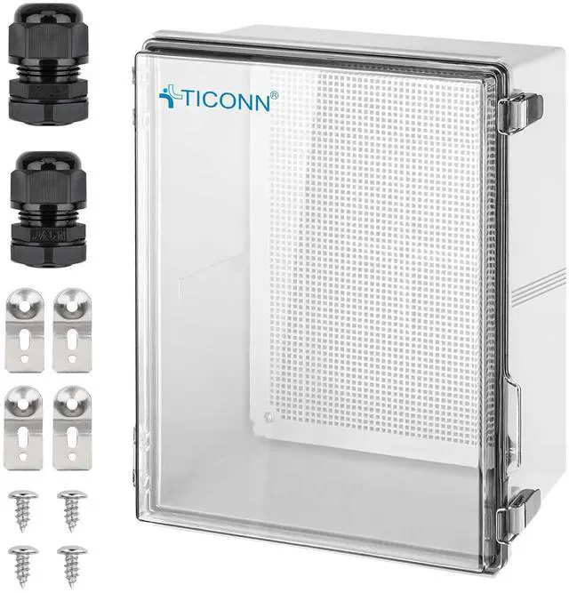 Main image of Waterproof Electrical Junction Box IP67 ABS Plastic Enclosure with Hinged Cover with Mounting Plate, Wall Brackets, Cable Glands (Clear, 19.7"x15.7"x7.9")