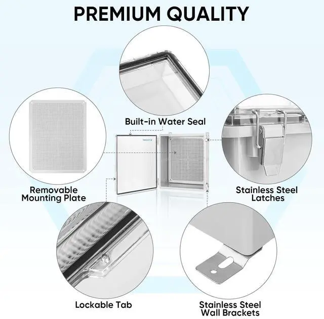 Alt view image 4 of 7 - Waterproof Electrical Junction Box IP67 ABS Plastic Enclosure with Hinged Cover with Mounting Plate, Wall Brackets, Cable Glands (Clear, 19.7"x15.7"x7.9")