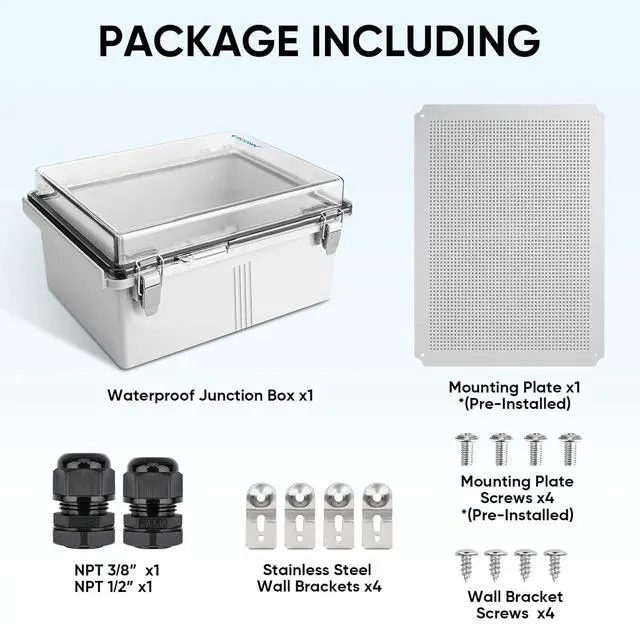 Alt view image 6 of 7 - Waterproof Electrical Junction Box IP67 ABS Plastic Enclosure with Hinged Cover with Mounting Plate, Wall Brackets, Cable Glands (Clear, 19.7"x15.7"x7.9")