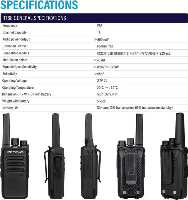 Alt view image 7 of 7 - RT68 Walkie Talkies with Earpiece, Portable FRS Two-Way Radios Rechargeable, with 6 Way Multi Unit Charger, Hands Free, Long Range, Rugged 2 Way Radios 6 Pack for Adults School Church