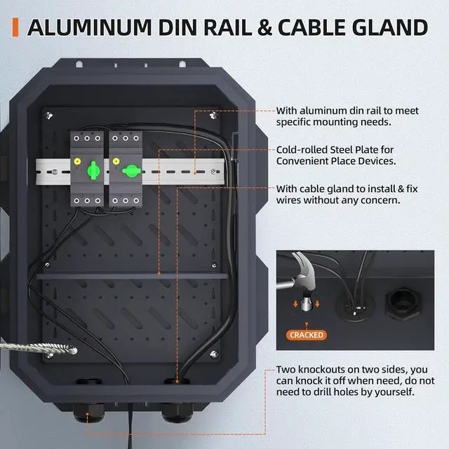 Alt view image 4 of 6 - Outdoor Electrical Box Metal Waterproof Electrical Junction Box IP65 Vented Enclosure Weatherproof with Cold-Rolled Steel Plate Fan Din Rail Cable Gland 15.7"x11.8"x7.9"
