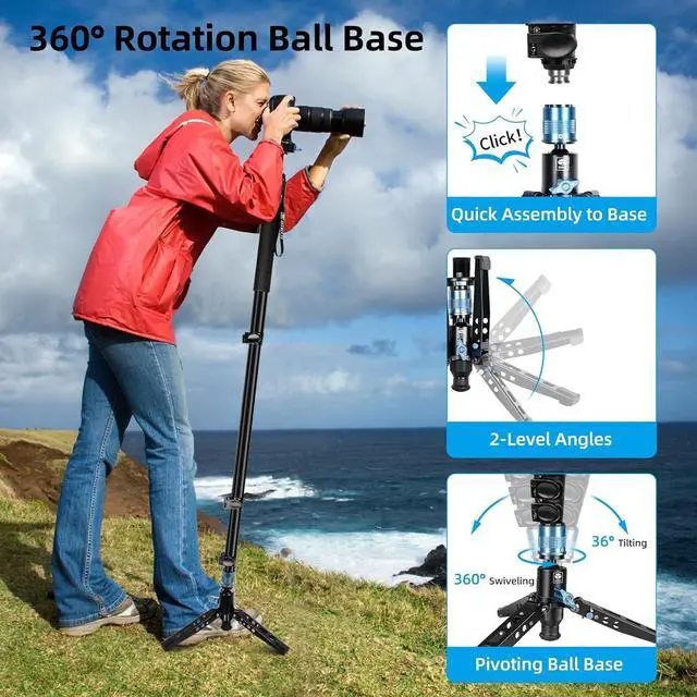 Alt view image 3 of 7 - Monopod with Feet, Professional Aluminum Travel Monopod for Cameras with Quick Release Plate, Max Load 33lbs, Compatible with  Canon Nikon DSLR Camera, AM-404FL+QC-55