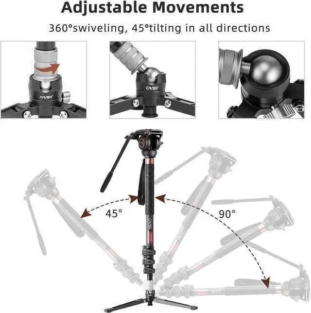 Alt view image 4 of 7 - CF34 Carbon Fiber Camer Monopod Kit, 72 inch Professional Telescopic Video Monopods with Video Fluid Head and Folding Support Base for DSLR Video Cameras Camcorders, Plus 1 Extra Sliding Plate