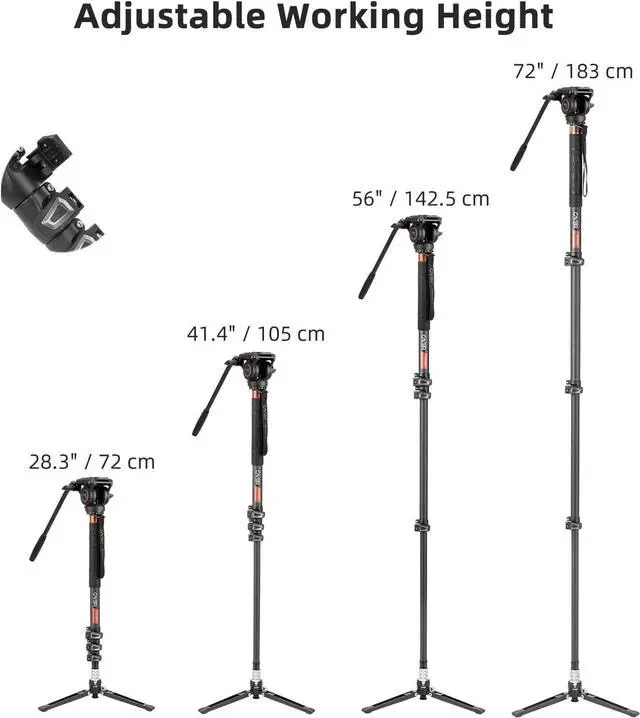 Alt view image 7 of 7 - CF34 Carbon Fiber Camer Monopod Kit, 72 inch Professional Telescopic Video Monopods with Video Fluid Head and Folding Support Base for DSLR Video Cameras Camcorders, Plus 1 Extra Sliding Plate