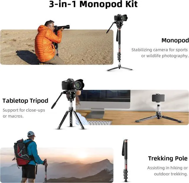 Alt view image 6 of 7 - CF34 Carbon Fiber Camer Monopod Kit, 72 inch Professional Telescopic Video Monopods with Video Fluid Head and Folding Support Base for DSLR Video Cameras Camcorders, Plus 1 Extra Sliding Plate