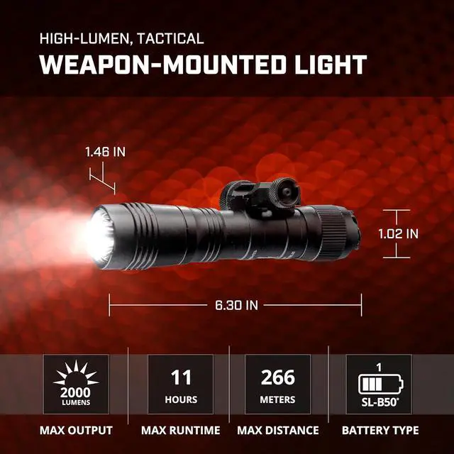 Alt view image 5 of 6 - 89009 ProTac 2.0 2000-Lumen Rail Mount High Lumen Tactical Rechargeable Long Weapon-Mounted Flashlight with Straight Pressure Switch, SL-B50 Battery Pack and USB-C Cord, Black