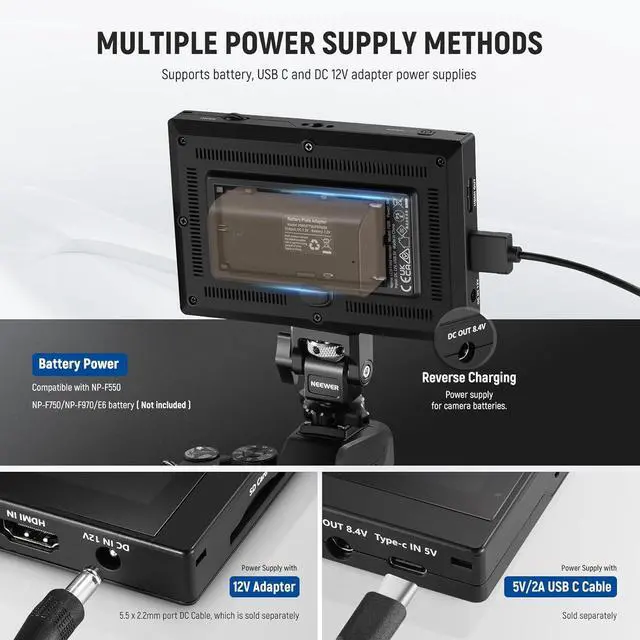 Alt view image 7 of 7 - F500 5.5 Inch Camera Field Monitor, HDR Touch Screen with 3D LUT, Waveform, Vector Scope, Full HD 1920x1080 IPS 4K HDMI Loop in/Out DSLR Video Peaking Focus Assist, Tilt Arm, Battery