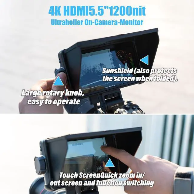 Alt view image 2 of 7 - DC550 5.5" Full HD HDMI On-Camera Monitor Kit, 1200nit Touch Screen Camera Field Monitor with Hood, Battery, Storage Bag for  Canon Nikon Camera, 3DLUT Focus peaking Histogram False Colors